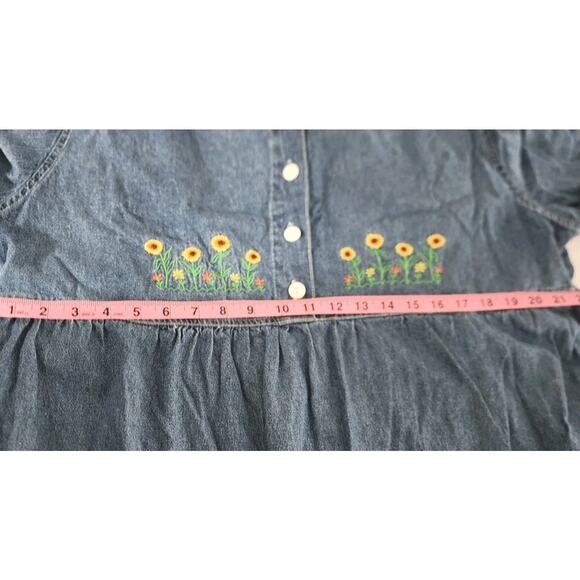 90s Embroidered Sunflower Denim Shirtdress Women's Plus 2X Cotton Cottagecore - Picture 7 of 8